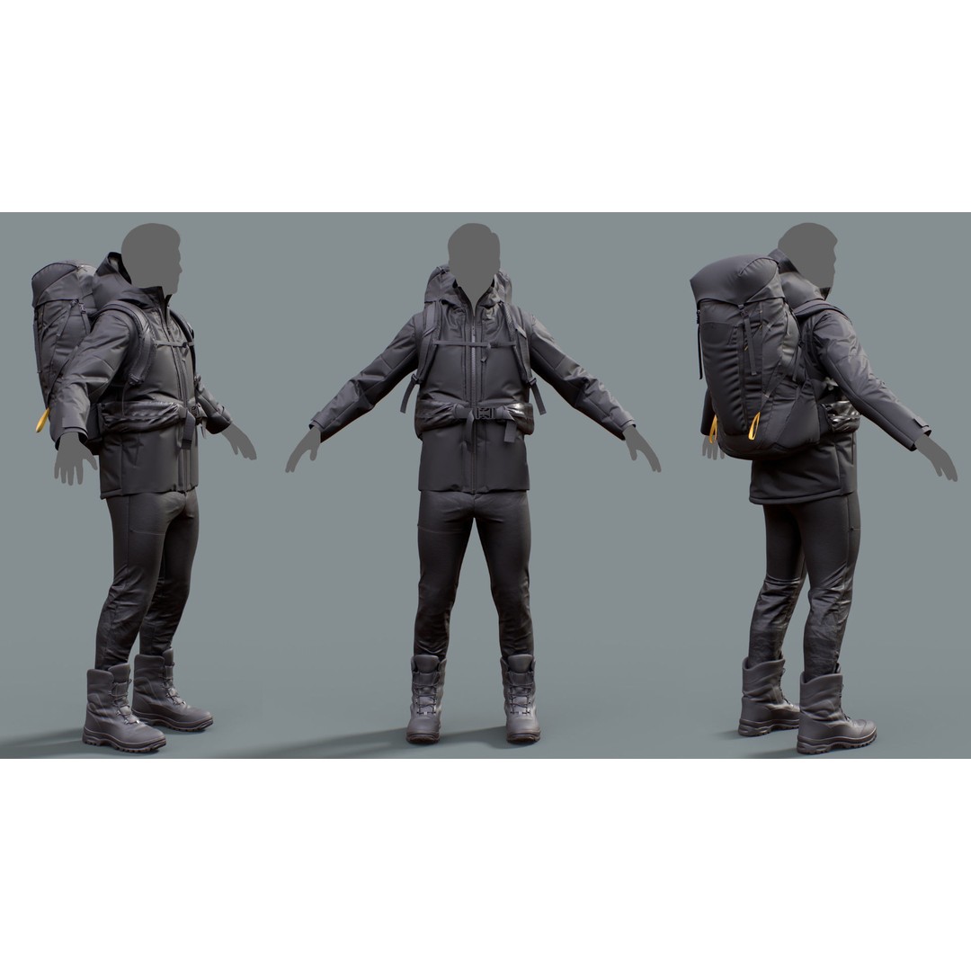 Male Hiking Outfit 3D Model – Low Poly Rigged Character, FBX, Blender - View 3