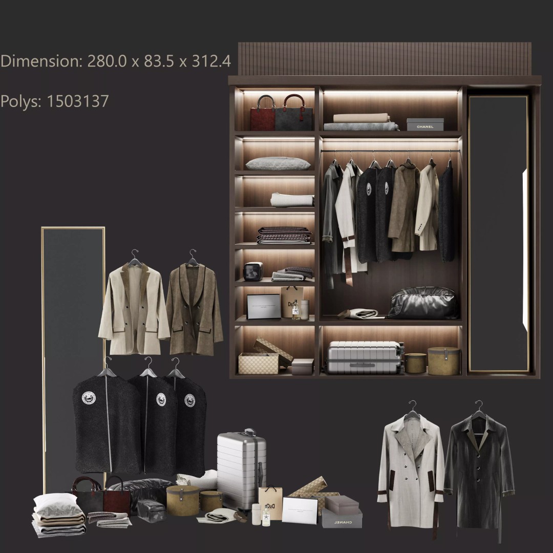 Wardrobe 3D Model – High Poly Bedroom Furniture, FBX, OBJ - View 2