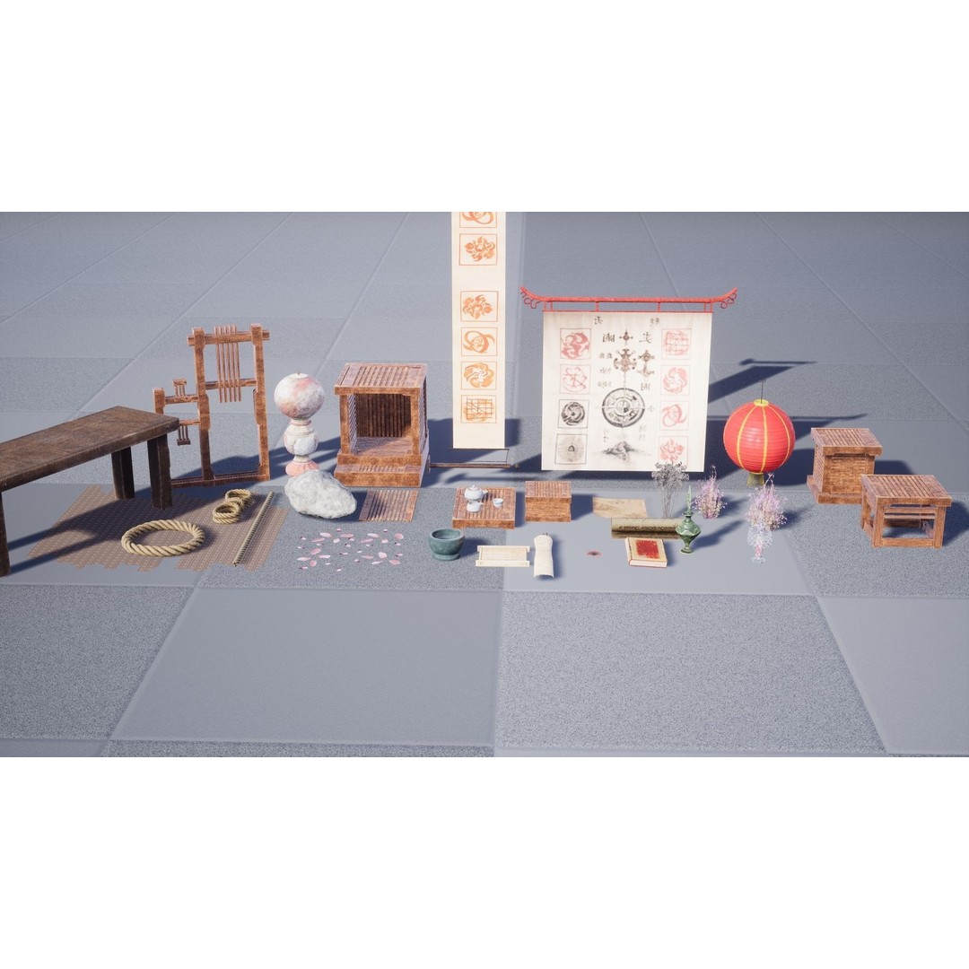 Chinese Prop Package 3D Model – Low Poly PBR Assets for Games