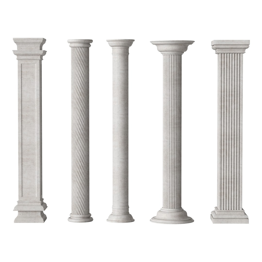 Marble Quintet Columns 3D Model – Classic Design, PBR Textures, FBX - View 3