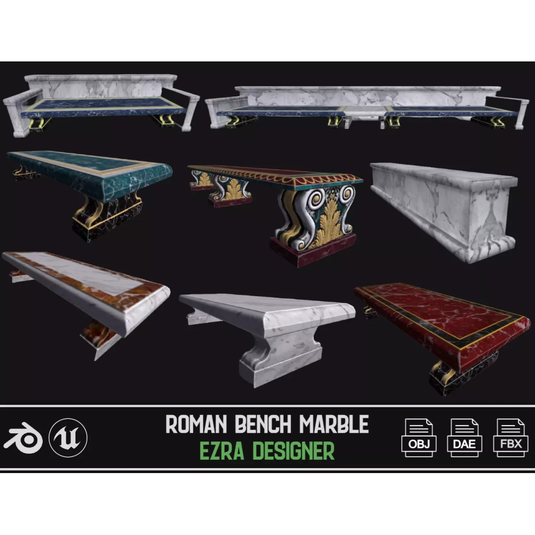 Roman Marble Bench 3D Model – Low Poly Architectural Decoration, FBX - View 2