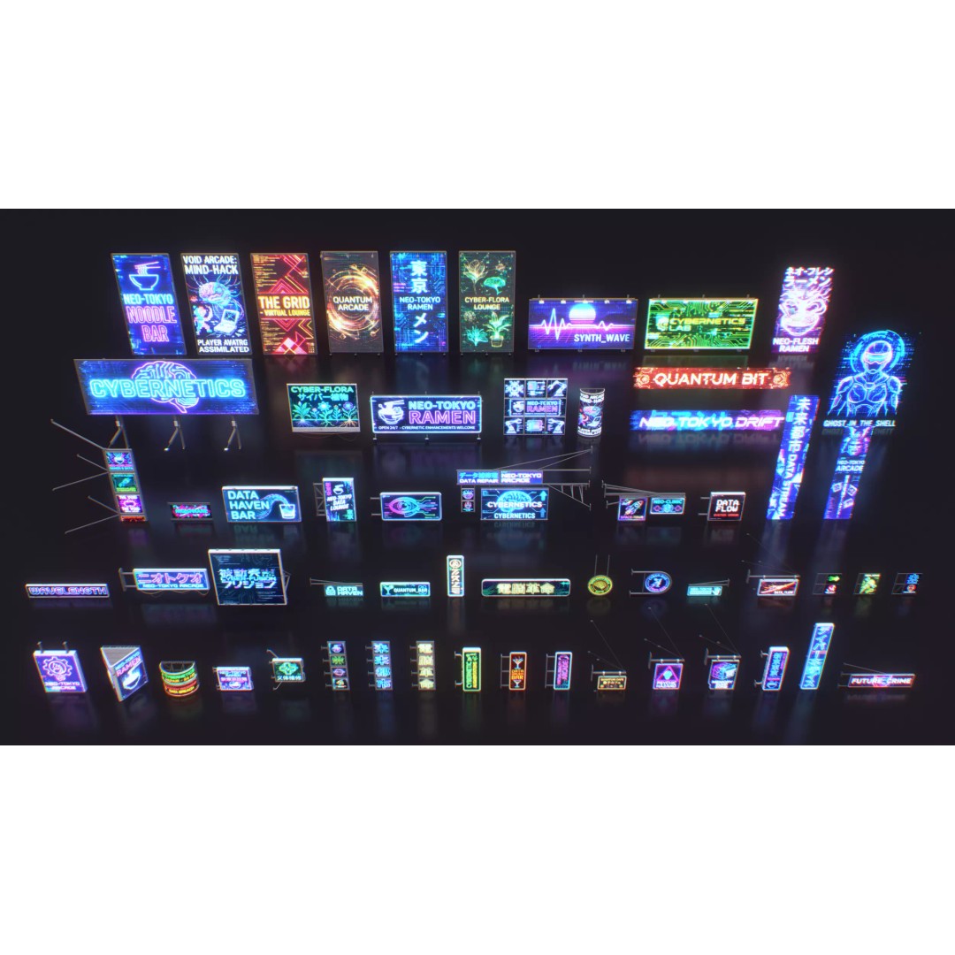 Cyberpunk Billboards 3D Model – Low Poly Sci-Fi Asset, FBX - View 2