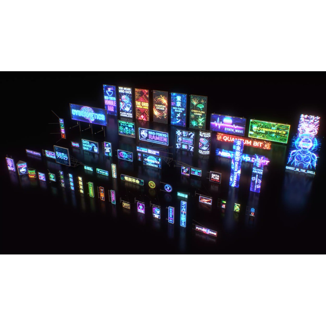 Cyberpunk Billboards 3D Model – Low Poly Sci-Fi Asset, FBX - View 3