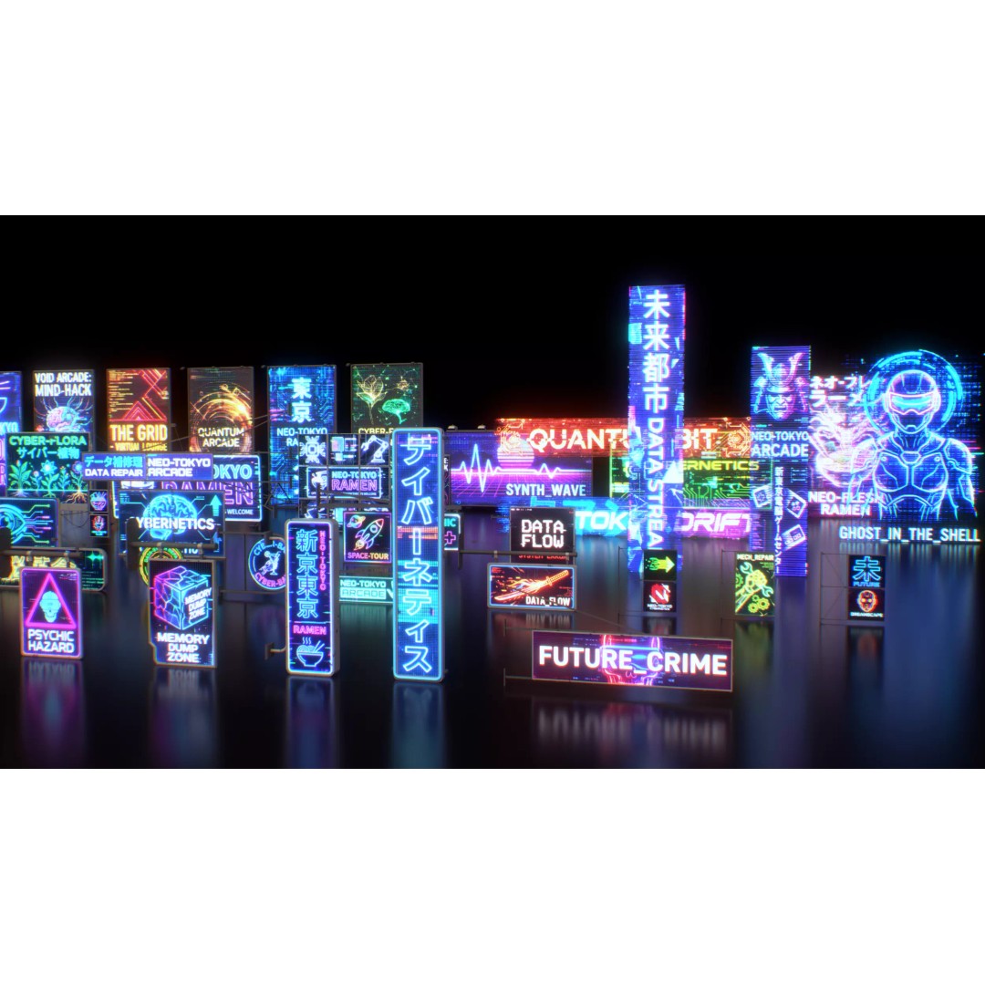 Cyberpunk Billboards 3D Model – Low Poly Sci-Fi Asset, FBX - View 4
