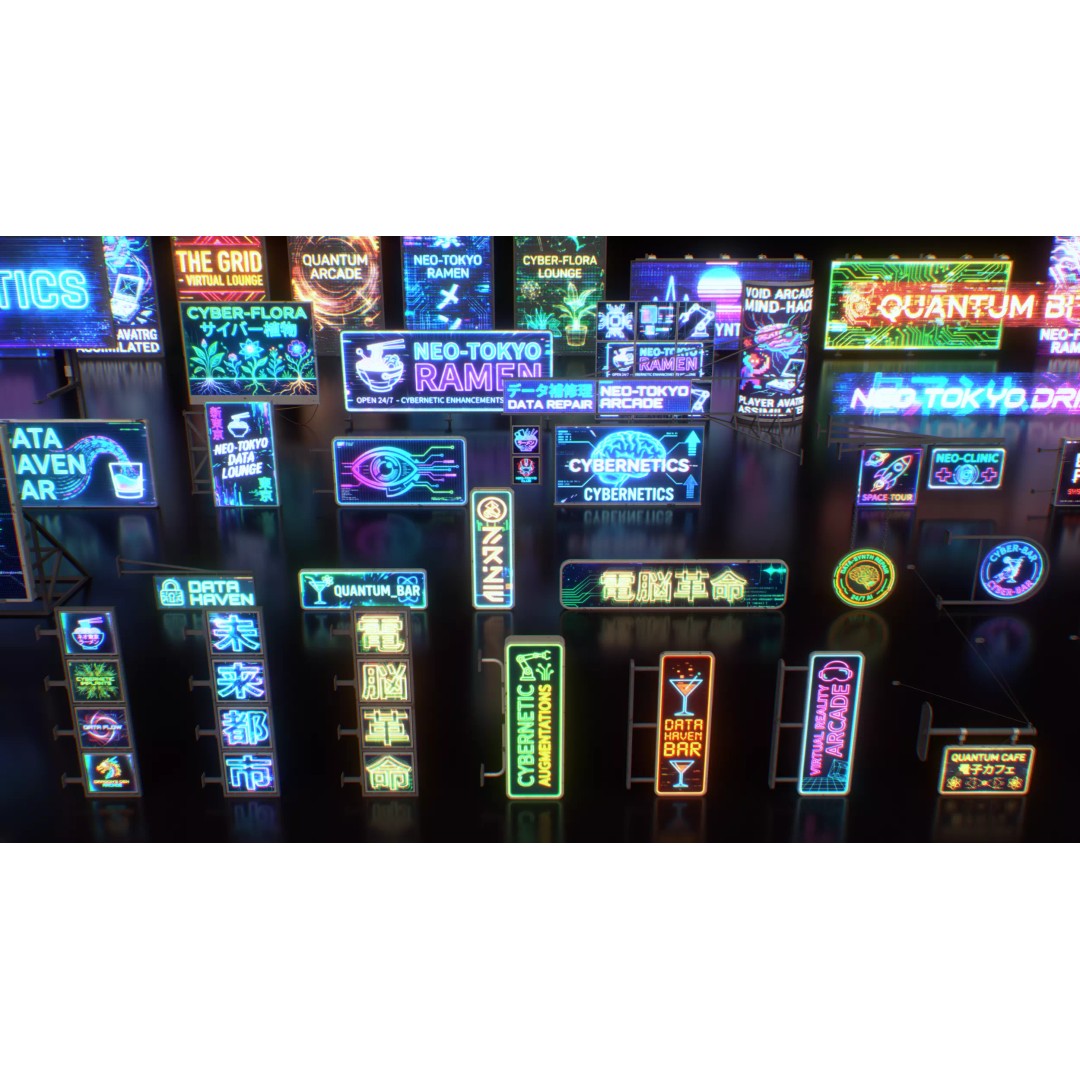 Cyberpunk Billboards 3D Model – Low Poly Sci-Fi Asset, FBX - View 5