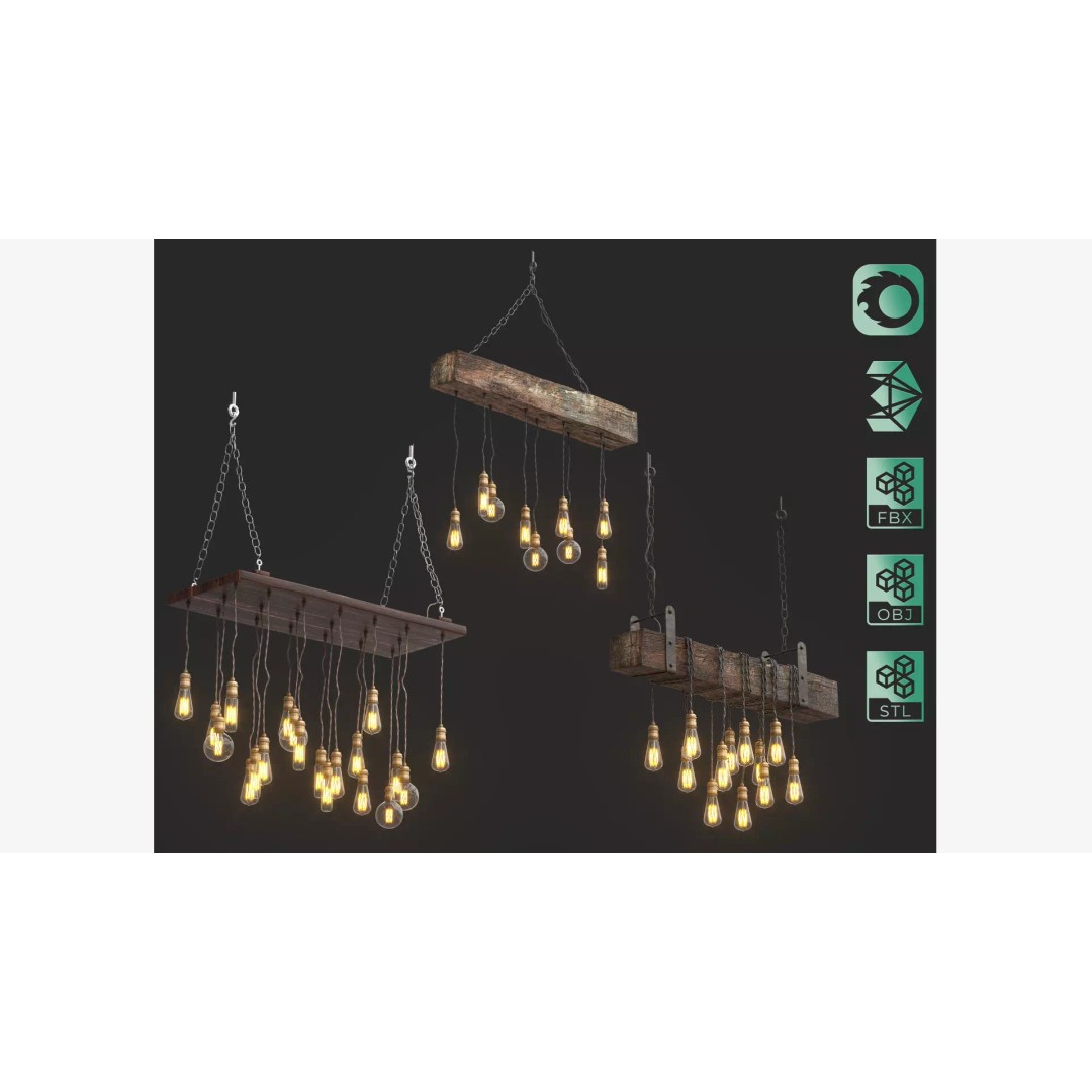 Edison Bulb Lamp Chandeliers 3D Model – Loft Style, Textured, FBX - View 2