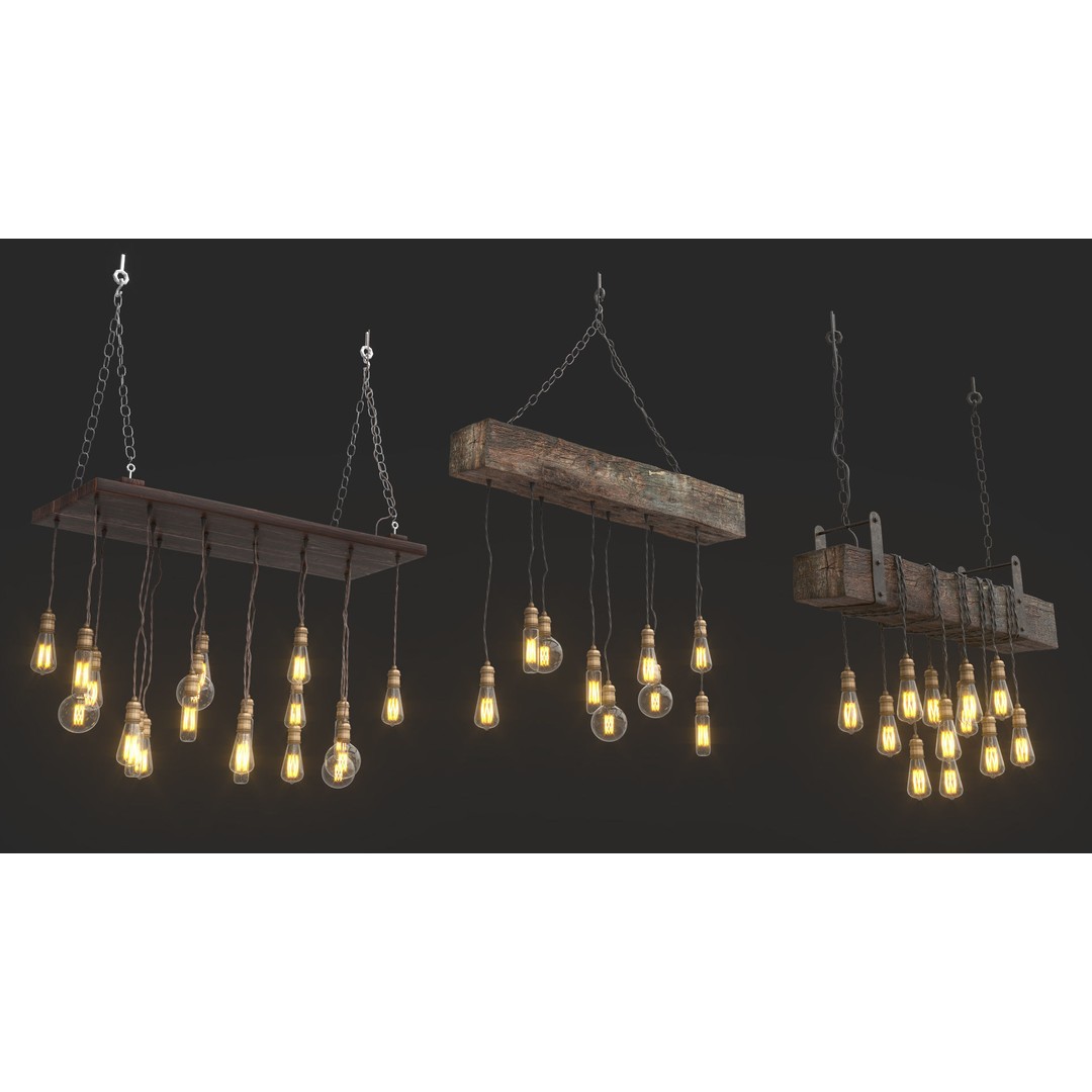 Edison Bulb Lamp Chandeliers 3D Model – Loft Style, Textured, FBX - View 3