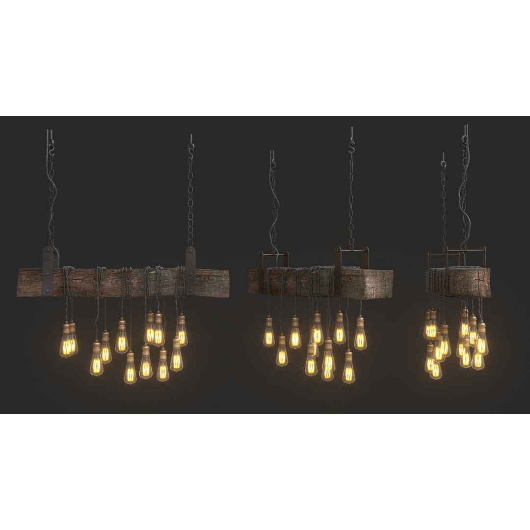 Edison Bulb Lamp Chandeliers 3D Model – Loft Style, Textured, FBX - View 6