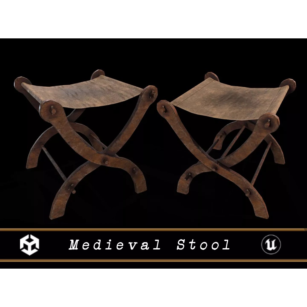 Old Medieval Stool 3D Model – Low Poly Chair with PBR Textures, FBX - View 2