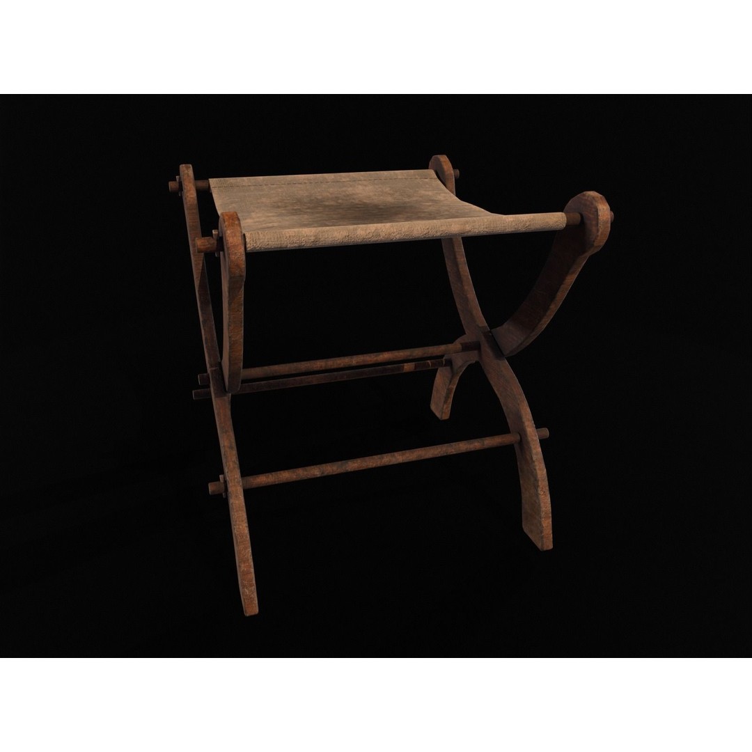 Old Medieval Stool 3D Model – Low Poly Chair with PBR Textures, FBX - View 3