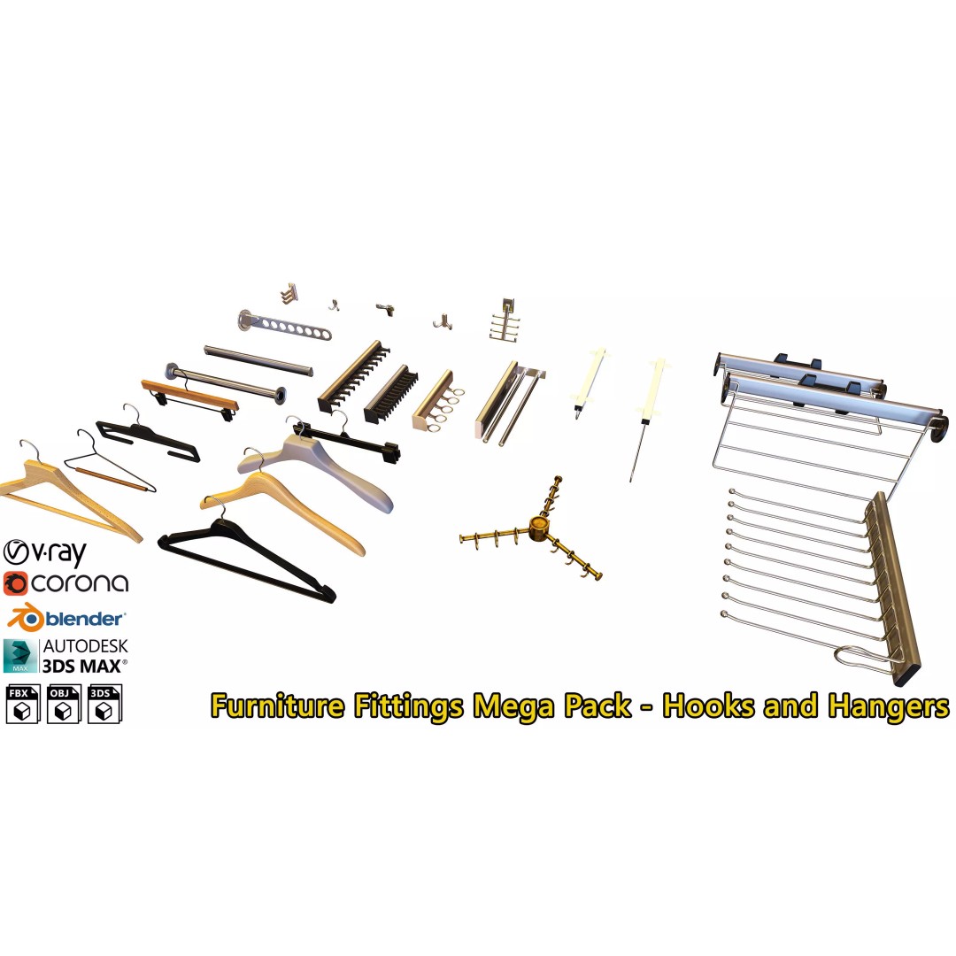 Hooks and Hangers 3D Model – Furniture Fittings Mega Pack, FBX, OBJ - View 2