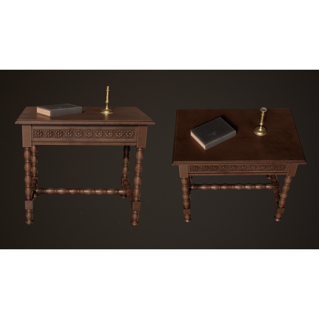 Victorian Wooden Furniture 3D Model – Low Poly Game Asset, FBX - View 3