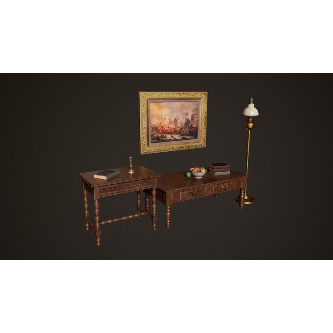 Victorian Wooden Furniture 3D Model – Low Poly Game Asset, FBX - View 7