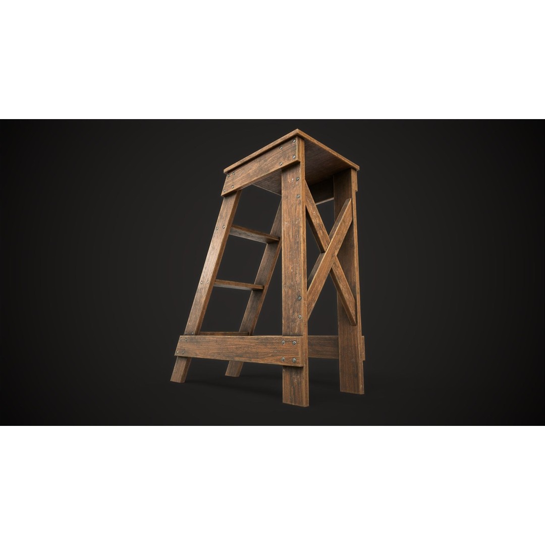 Wooden Stepladder 3D Model – Vintage Low Poly Game Asset, FBX - View 10