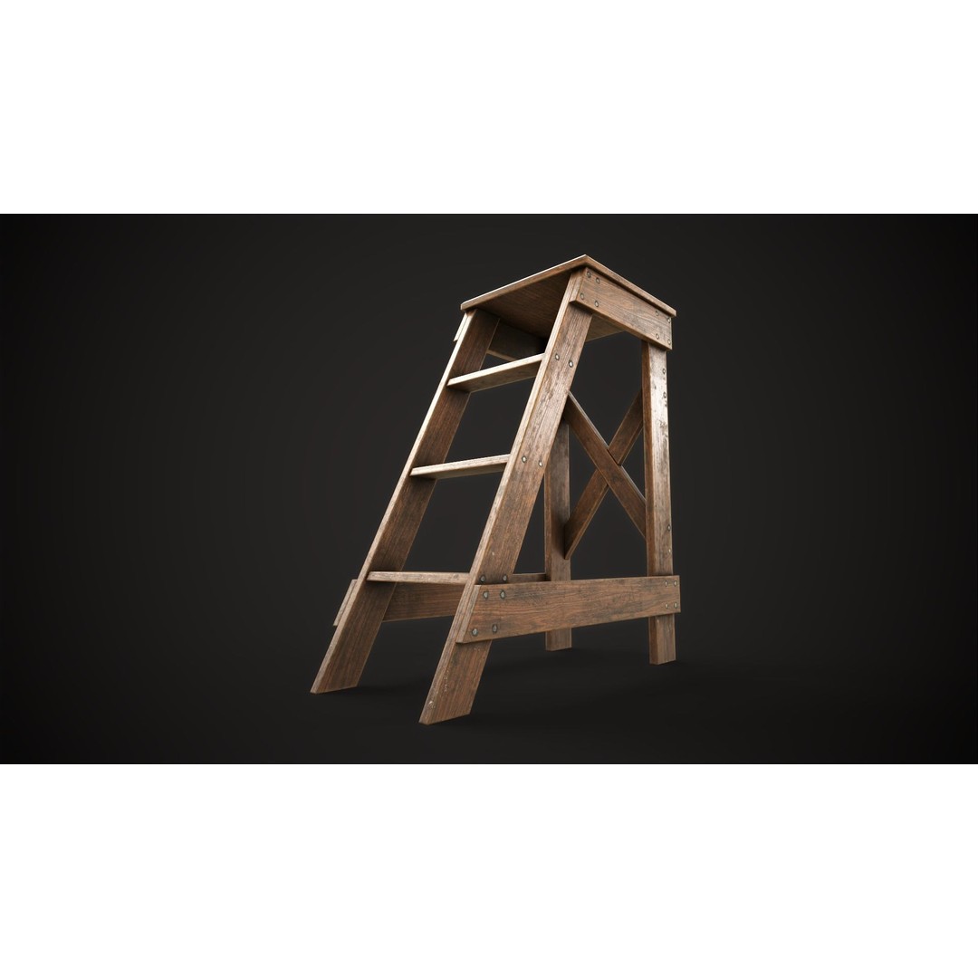 Wooden Stepladder 3D Model – Vintage Low Poly Game Asset, FBX - View 11