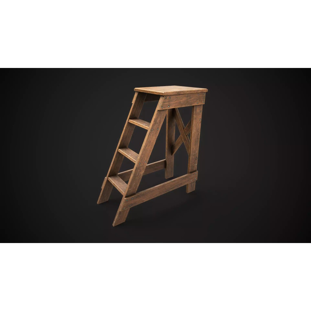 Wooden Stepladder 3D Model – Vintage Low Poly Game Asset, FBX - View 2
