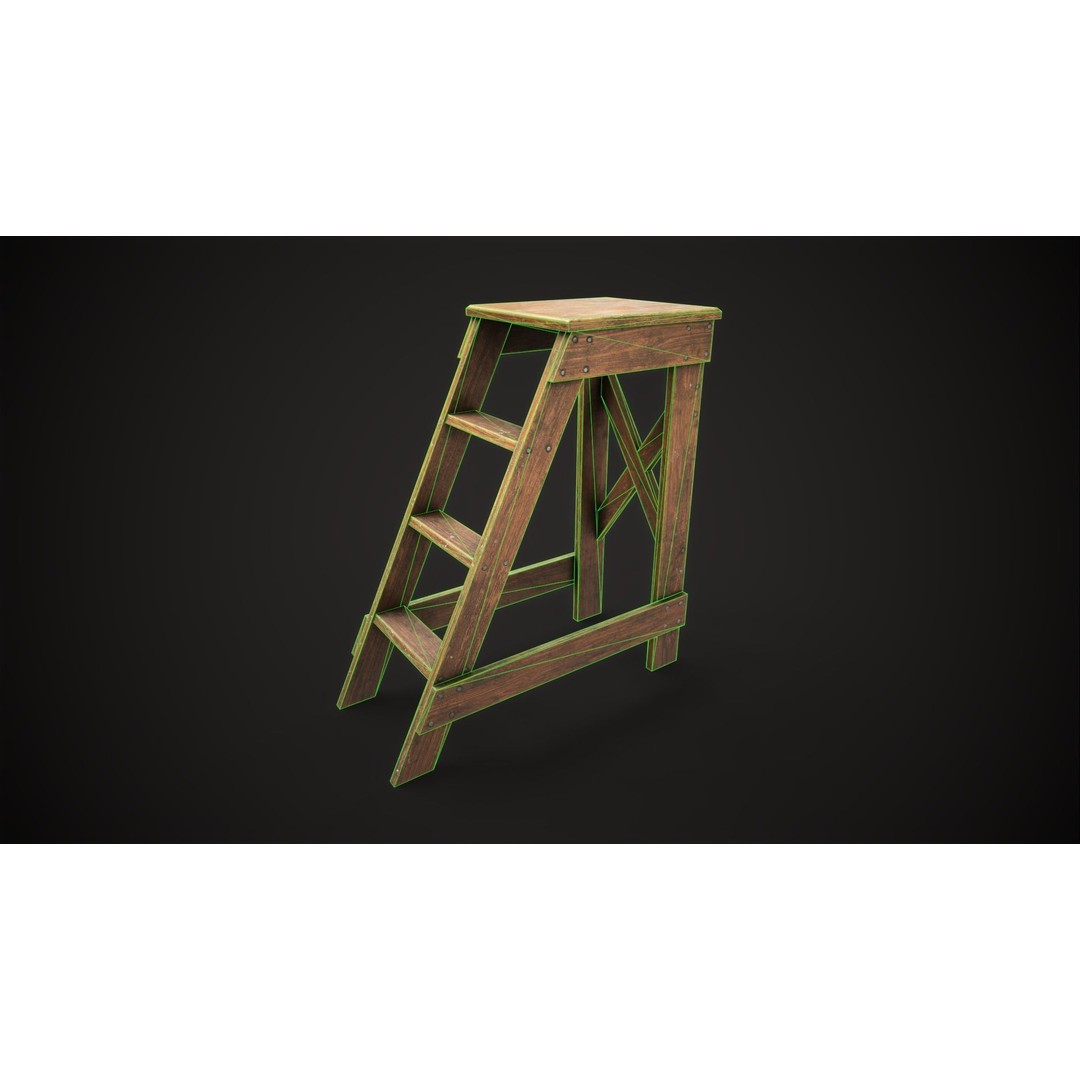 Wooden Stepladder 3D Model – Vintage Low Poly Game Asset, FBX - View 3
