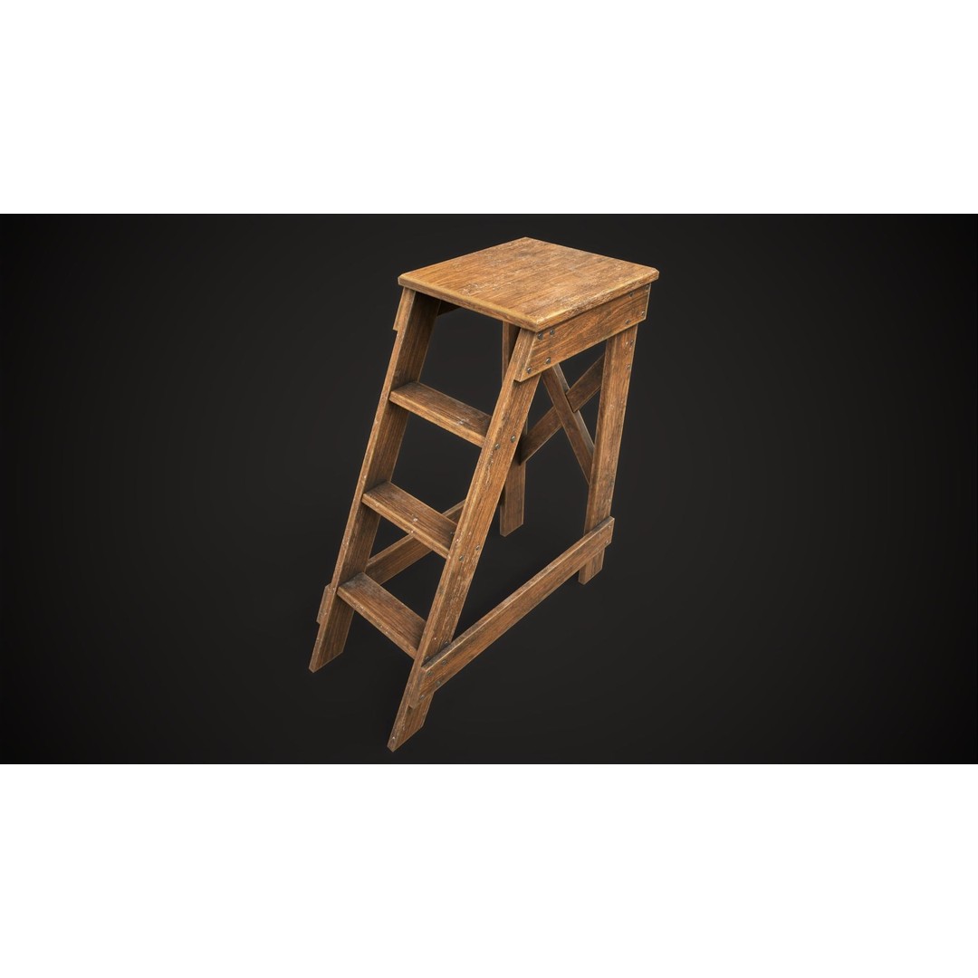 Wooden Stepladder 3D Model – Vintage Low Poly Game Asset, FBX - View 4