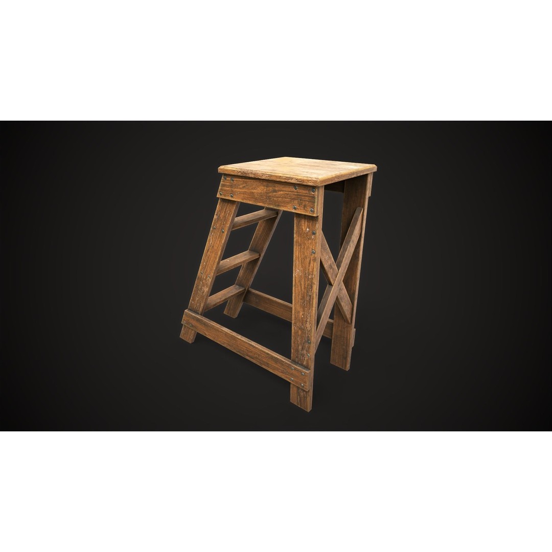 Wooden Stepladder 3D Model – Vintage Low Poly Game Asset, FBX - View 6