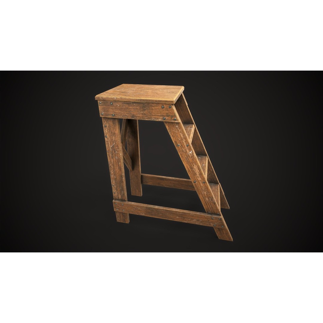 Wooden Stepladder 3D Model – Vintage Low Poly Game Asset, FBX - View 8