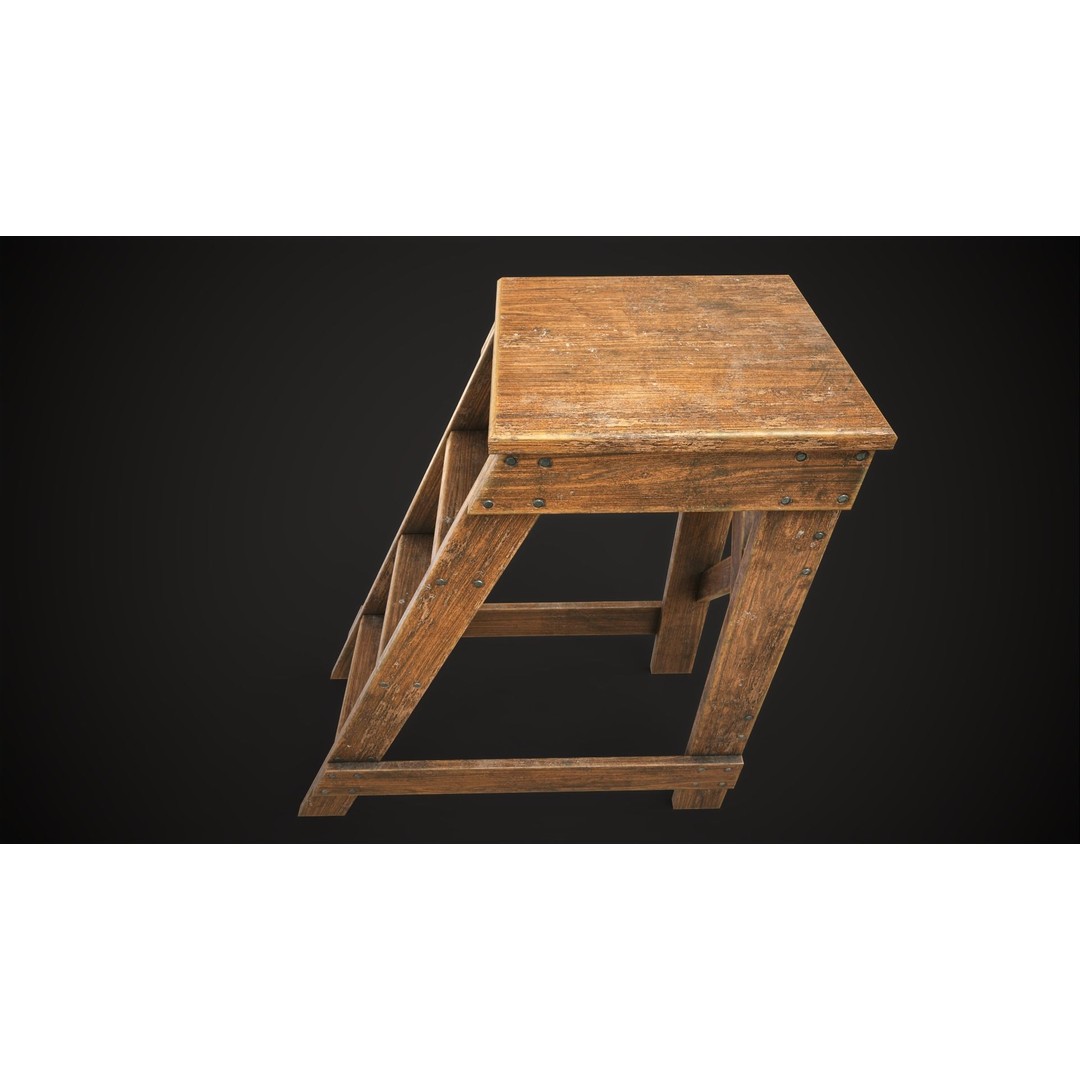 Wooden Stepladder 3D Model – Vintage Low Poly Game Asset, FBX - View 9