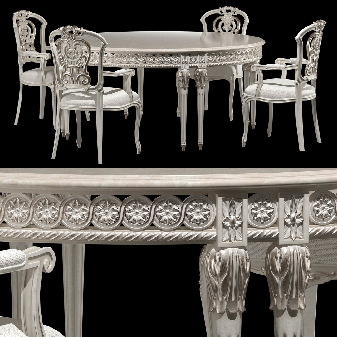Rococo Table and Chairs Set 3D Model – Classic Furniture Asset, FBX - View 10