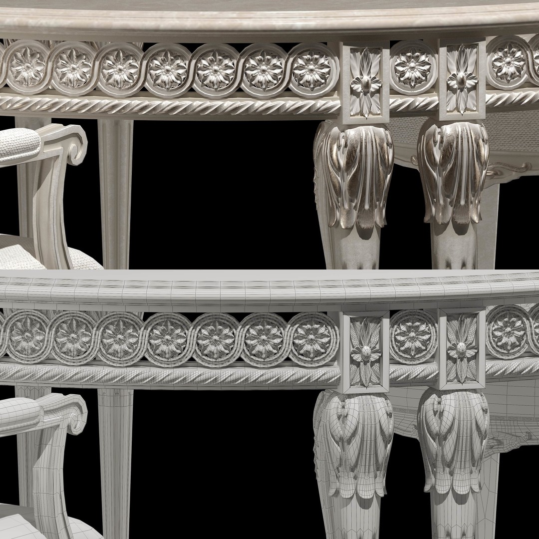 Rococo Table and Chairs Set 3D Model – Classic Furniture Asset, FBX - View 11
