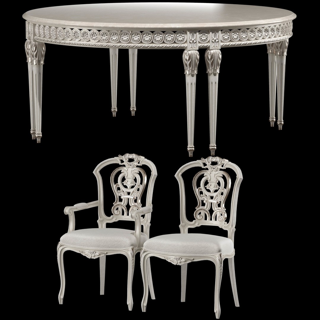 Rococo Table and Chairs Set 3D Model – Classic Furniture Asset, FBX - View 12