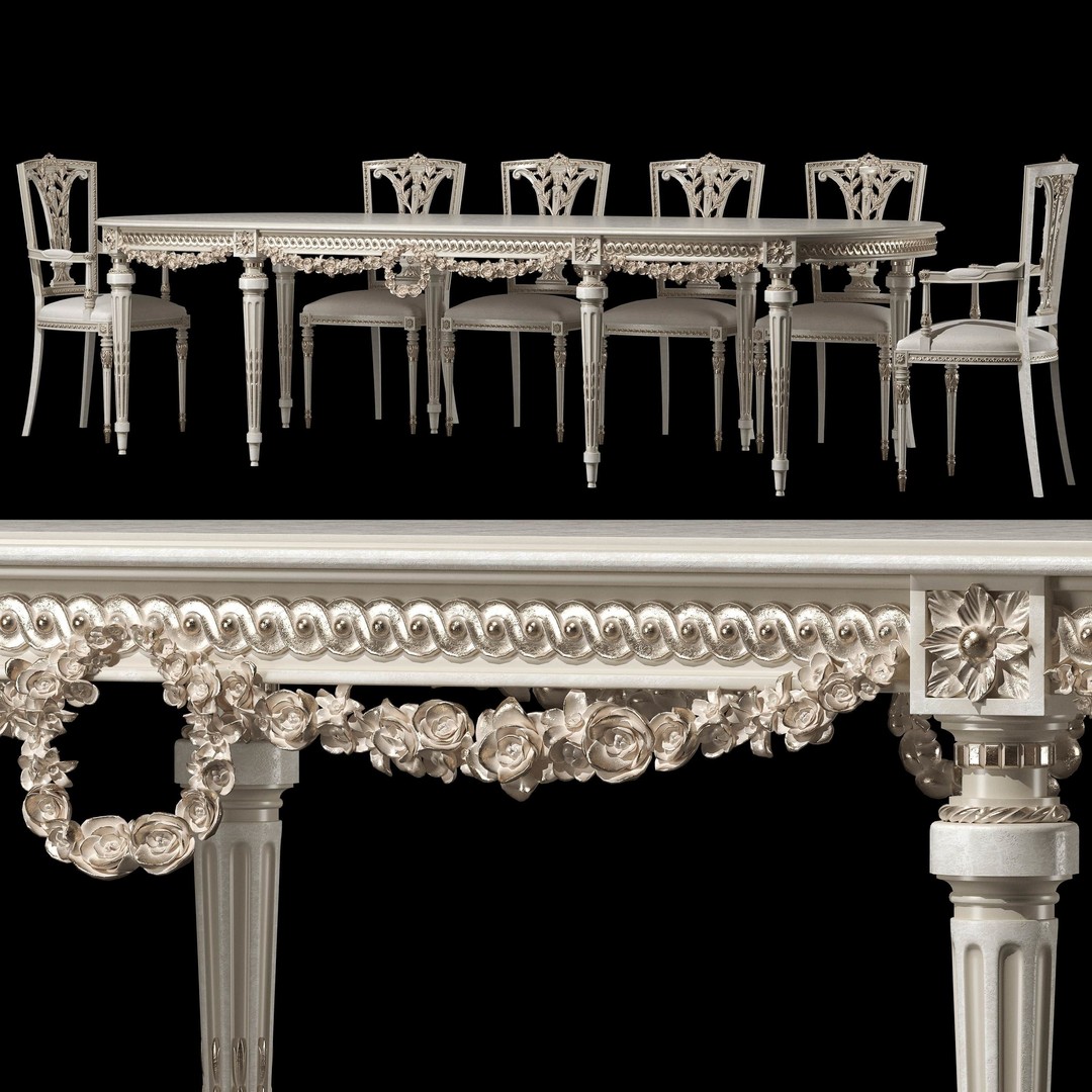 Rococo Table and Chairs Set 3D Model – Classic Furniture Asset, FBX - View 3