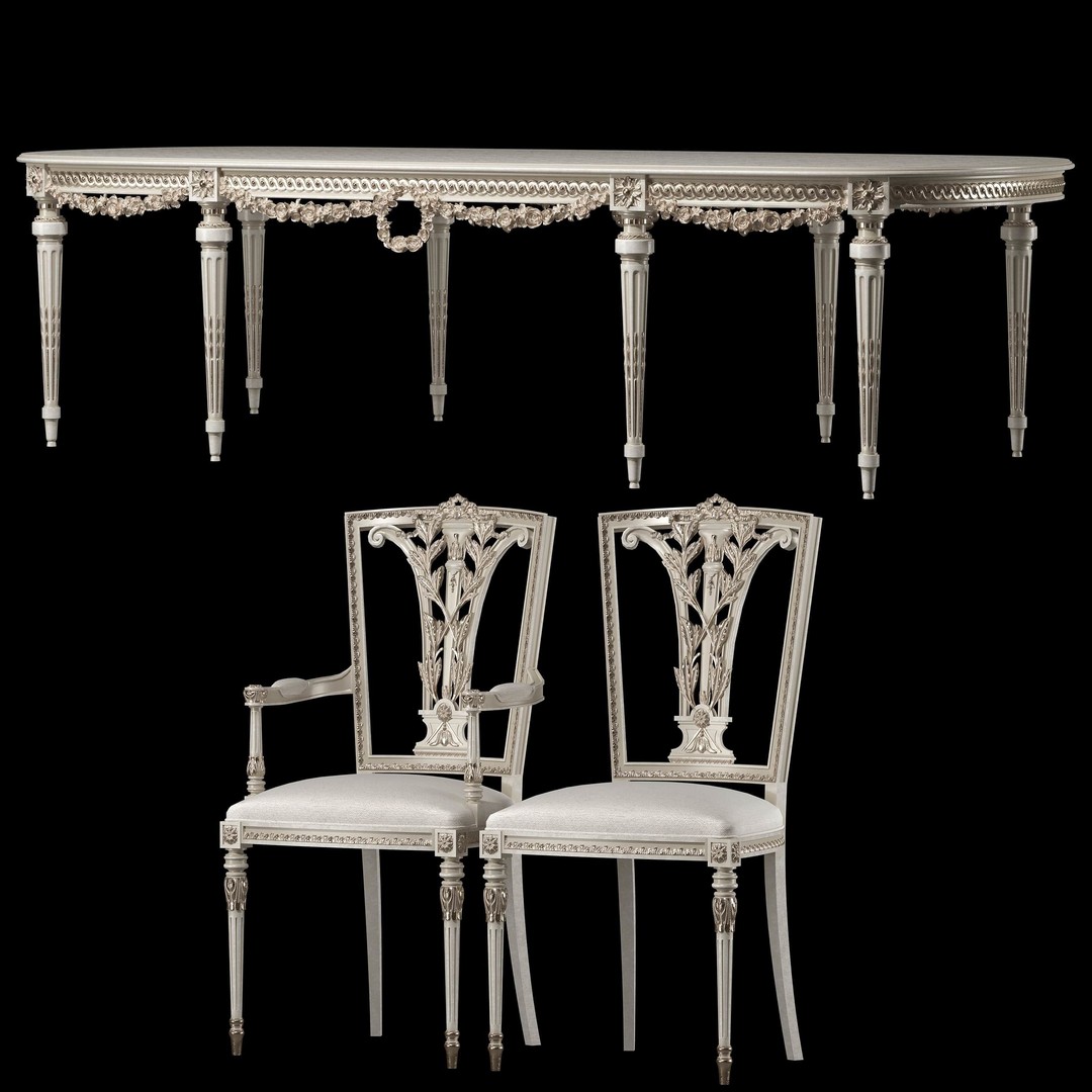 Rococo Table and Chairs Set 3D Model – Classic Furniture Asset, FBX - View 4
