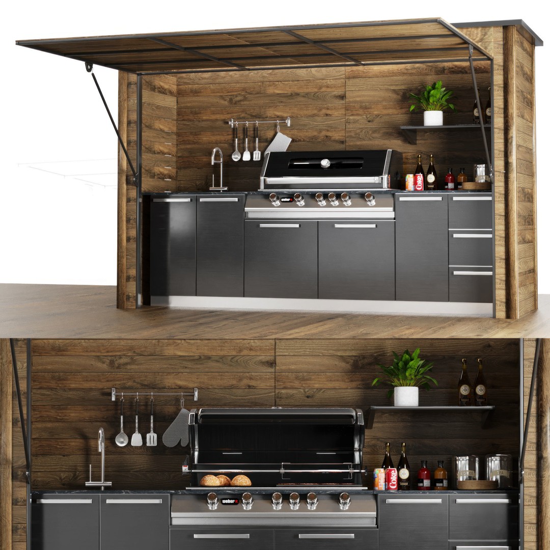 Outdoor Kitchen Shelter 3D Model – Modern BBQ Grill Setup with Accessories