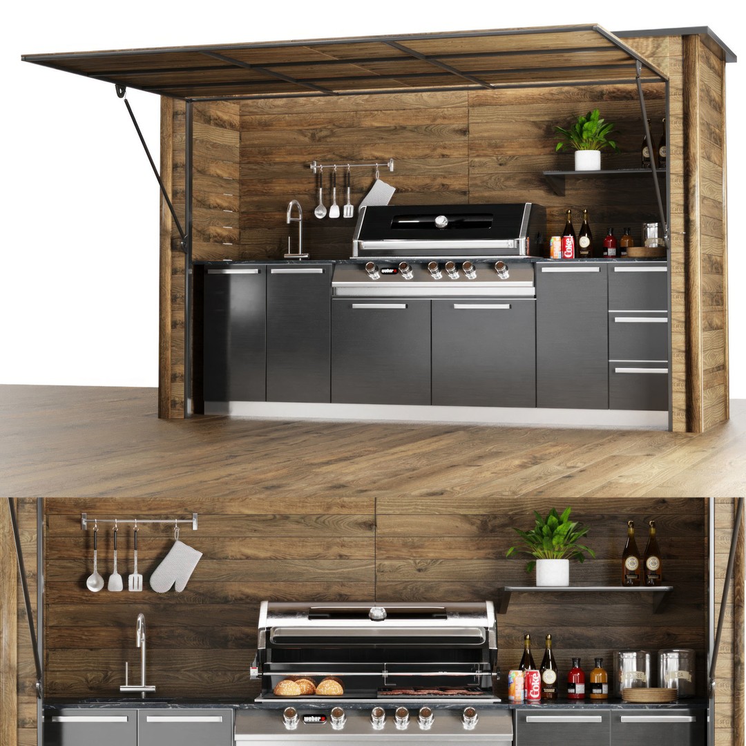 Outdoor Kitchen Shelter 3D Model – Modern BBQ Grill Setup with Accessories - View 3