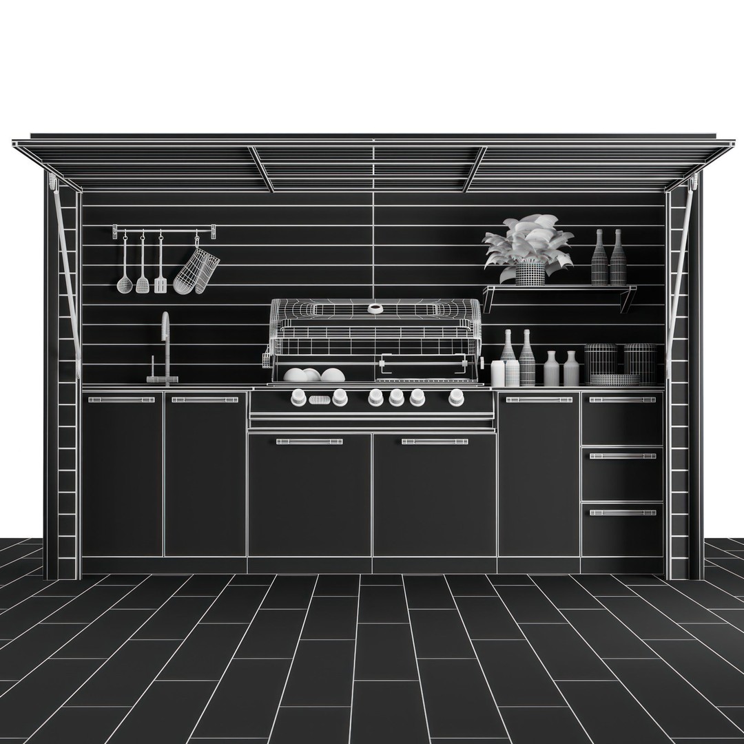 Outdoor Kitchen Shelter 3D Model – Modern BBQ Grill Setup with Accessories - View 8