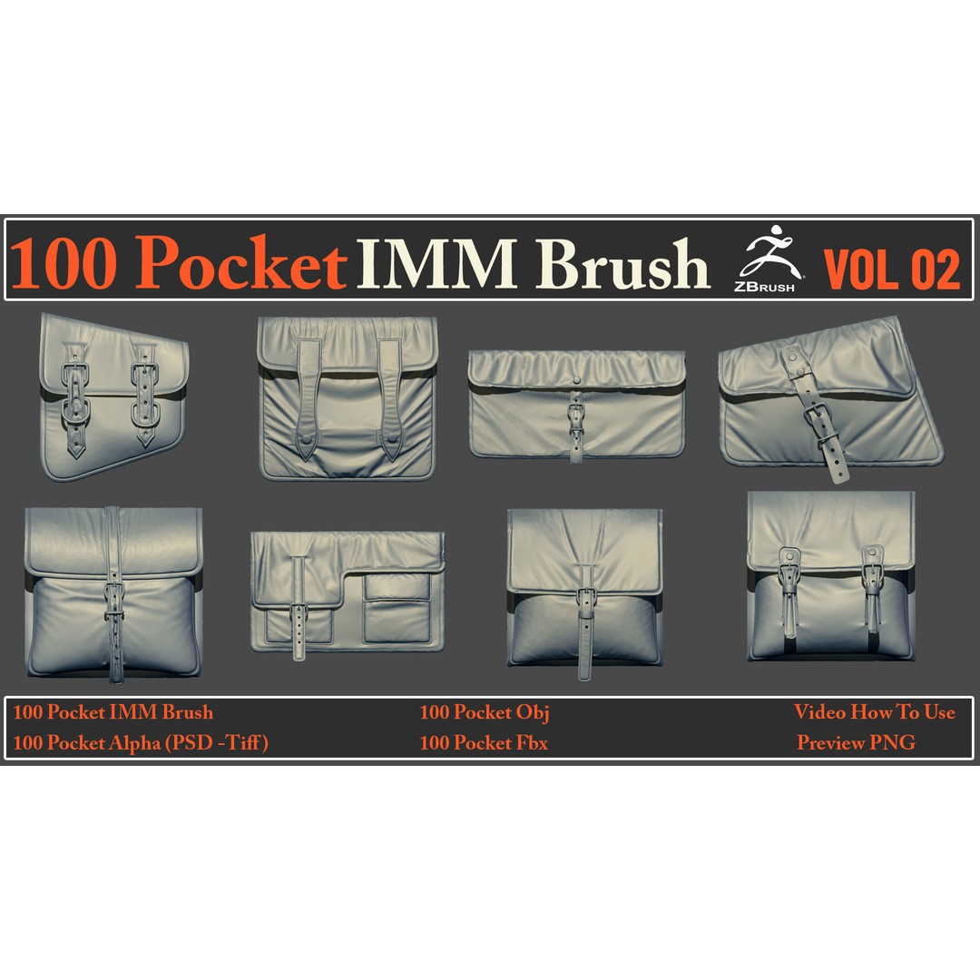 Pocket IMM Brush 3D Model – 100 PBR Brushes, FBX & OBJ Formats - View 3