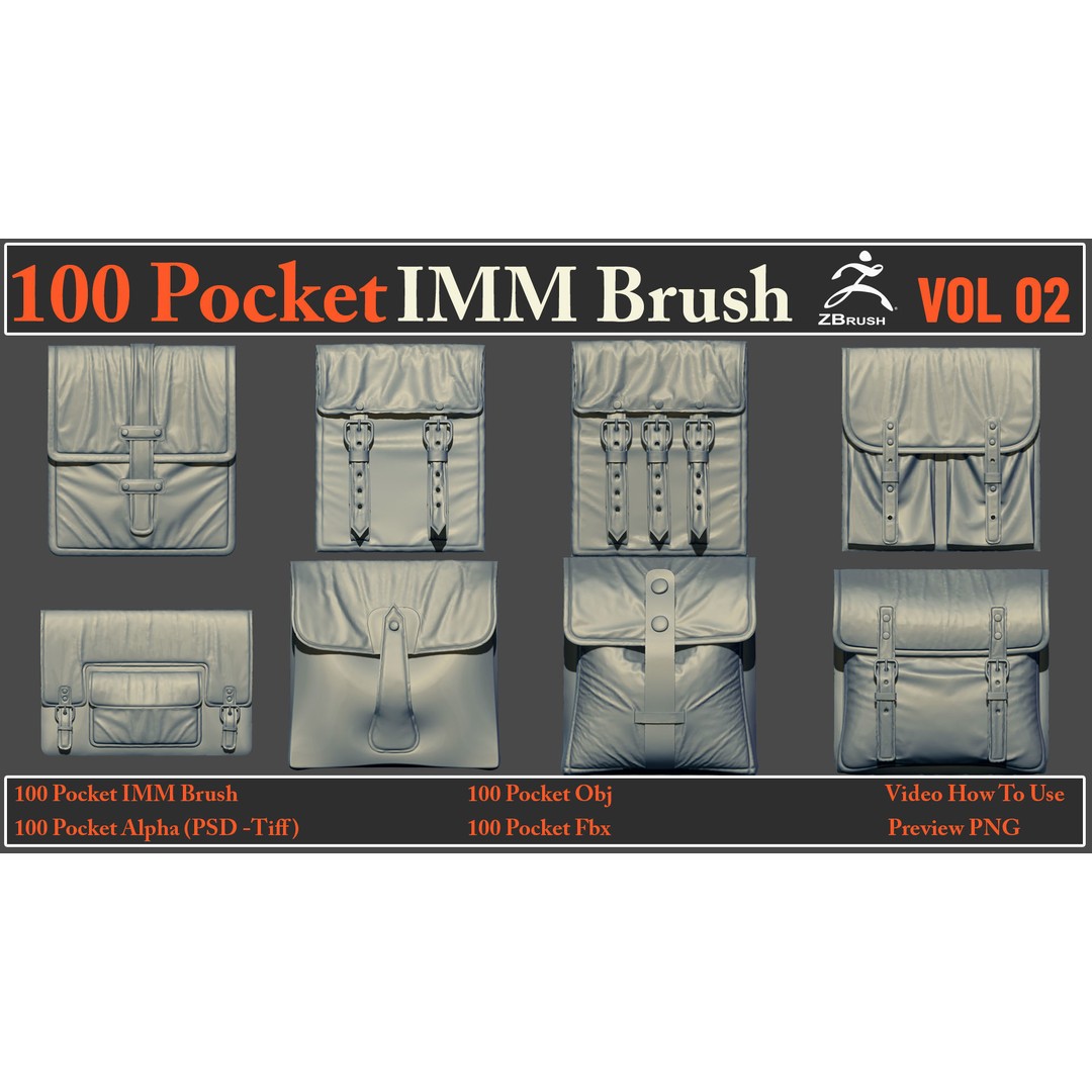 Pocket IMM Brush 3D Model – 100 PBR Brushes, FBX & OBJ Formats - View 4
