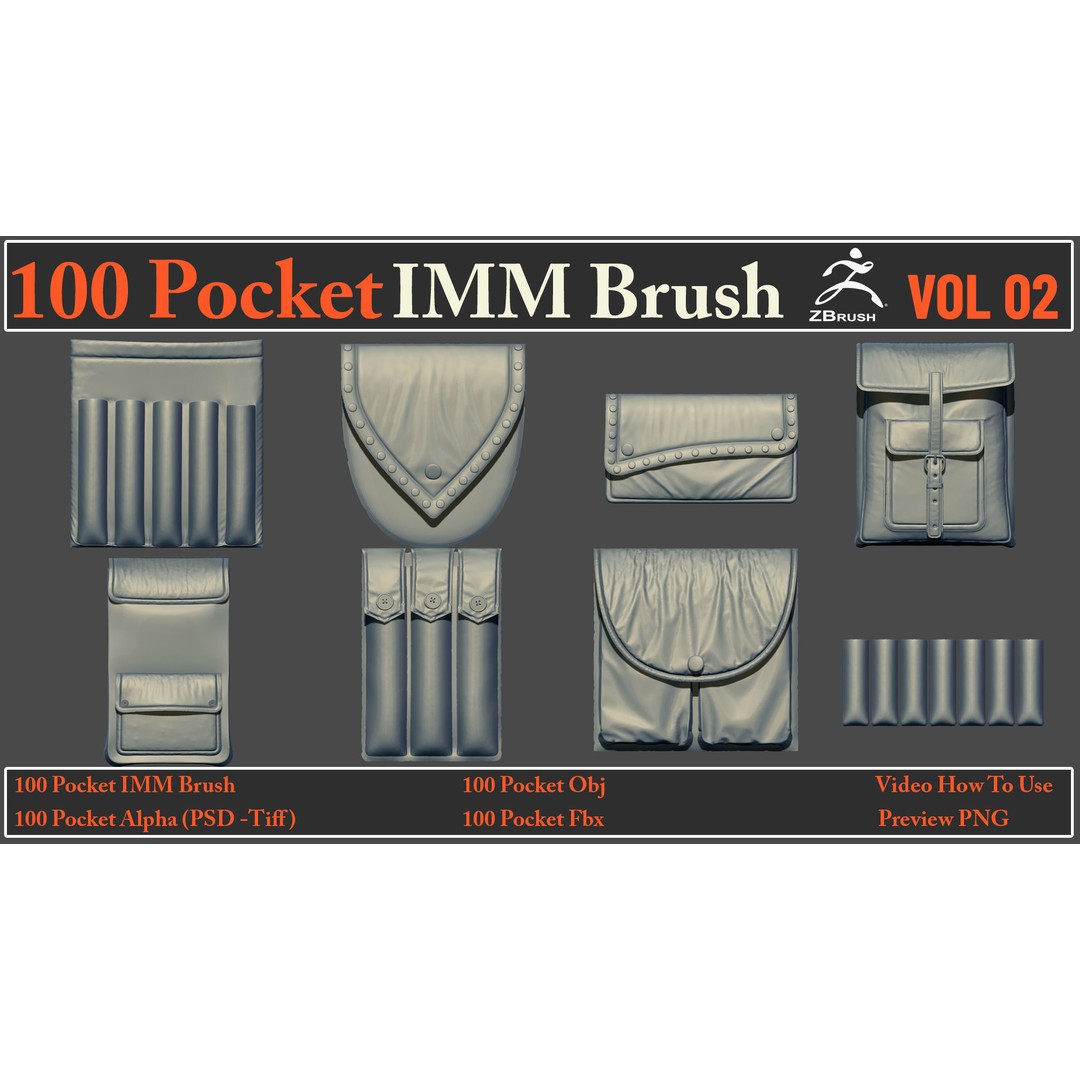 Pocket IMM Brush 3D Model – 100 PBR Brushes, FBX & OBJ Formats - View 7