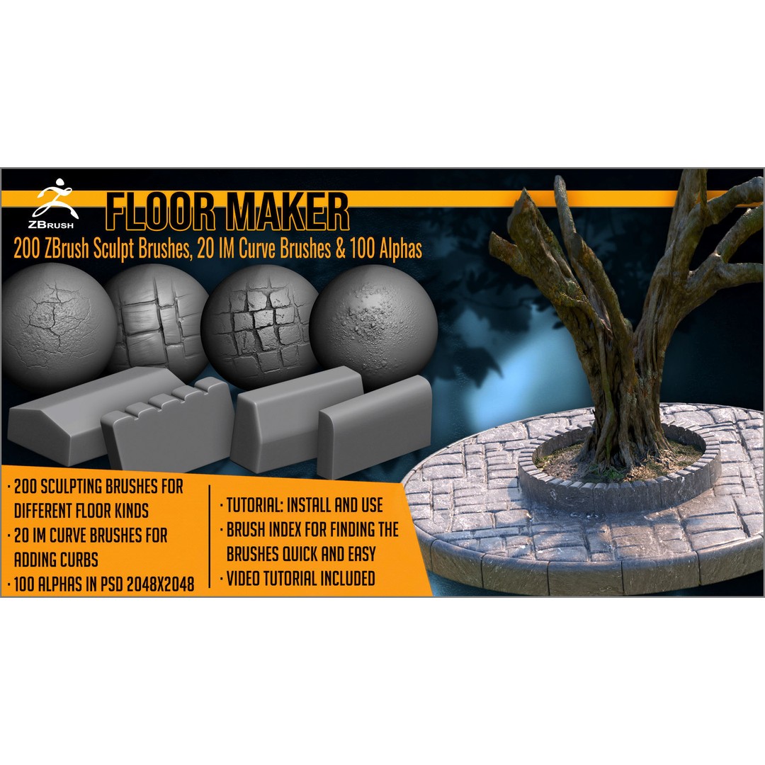 Floor Maker 3D Model – ZBrush Brushes for Pavement and Ground Textures - View 3