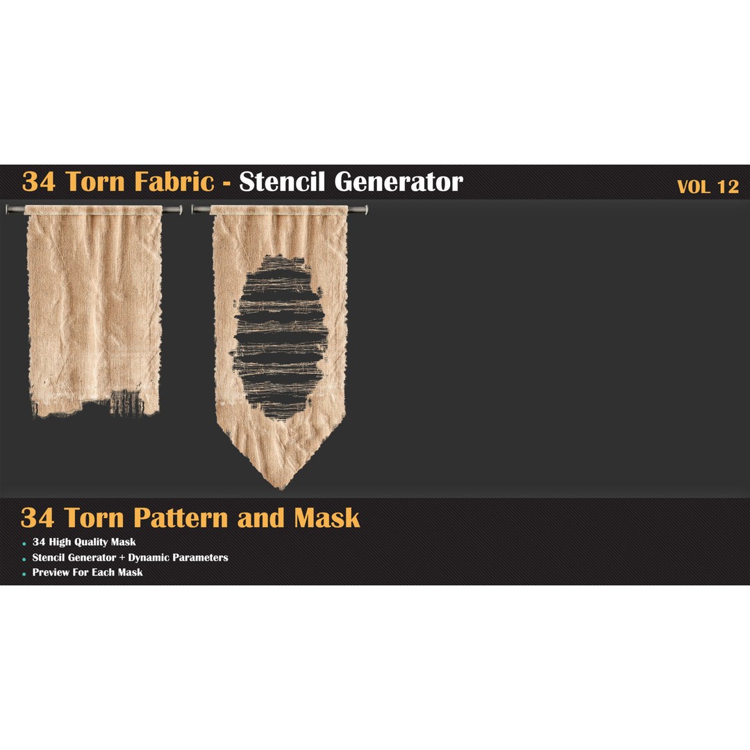34 Torn Fabric Texture 3D Model – Detailed Stencil Generator, PBR