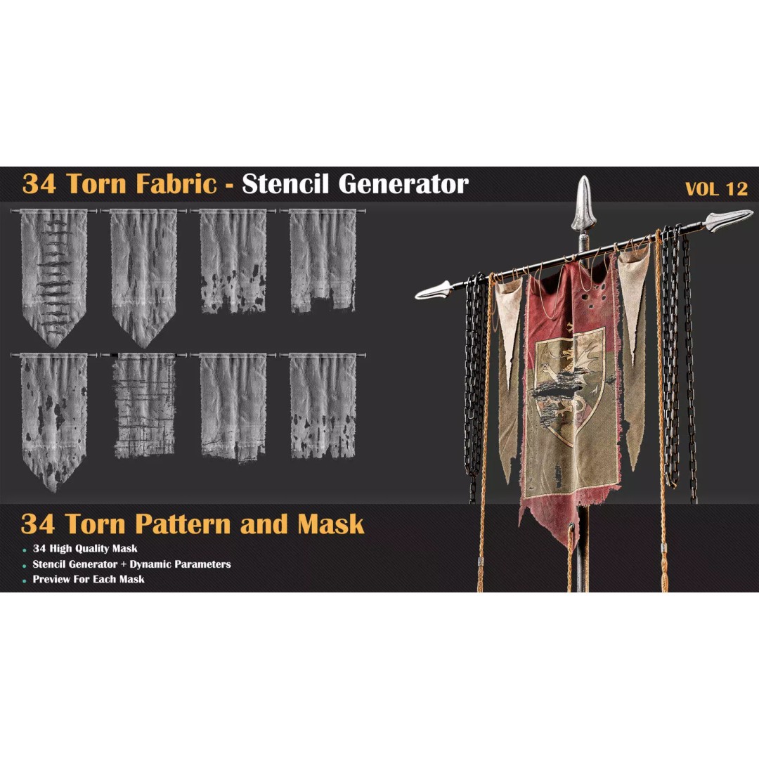 34 Torn Fabric Texture 3D Model – Detailed Stencil Generator, PBR - View 2