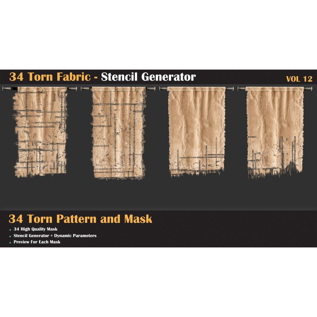 34 Torn Fabric Texture 3D Model – Detailed Stencil Generator, PBR - View 3