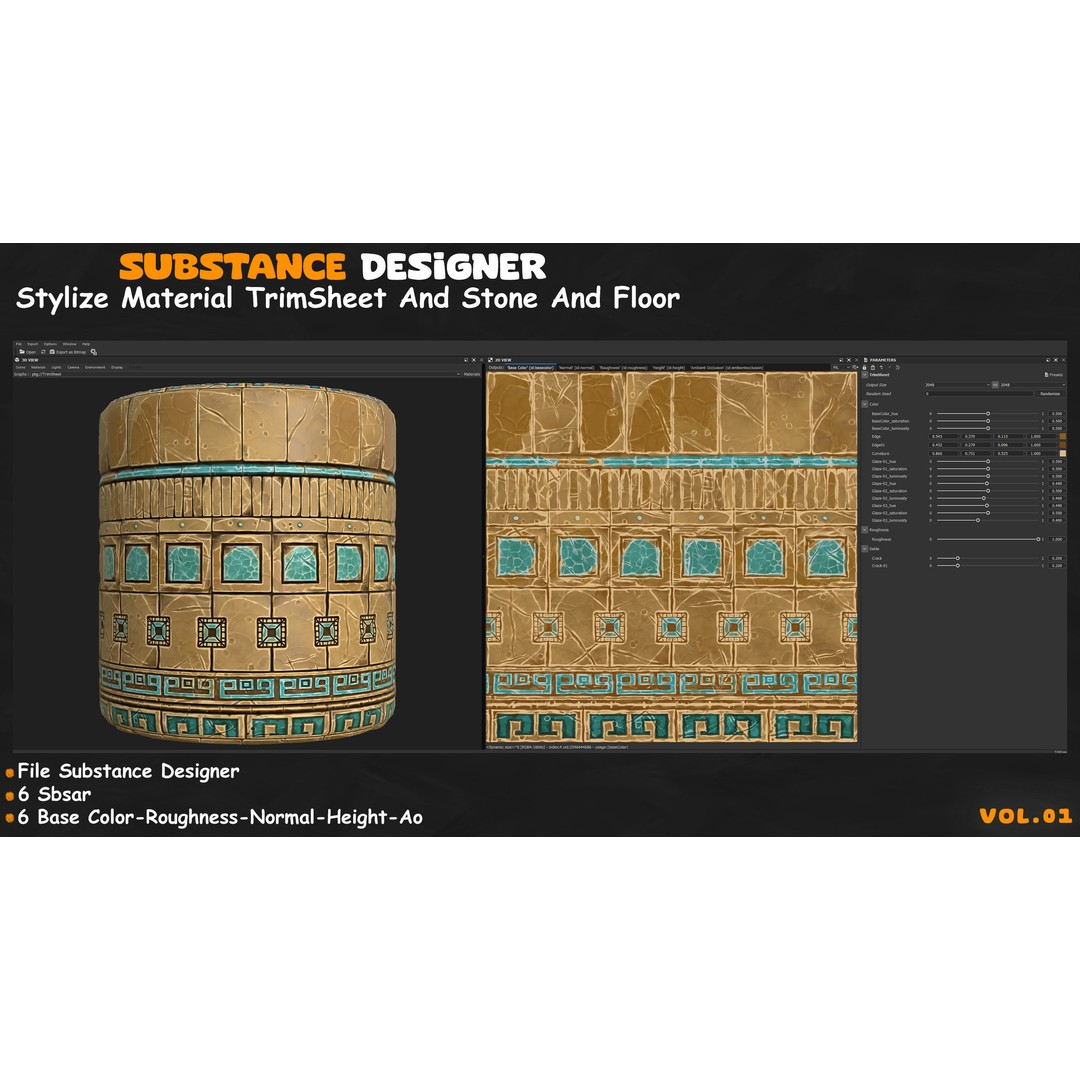 Stylized Stone Floor and Trim Sheet 3D Model – PBR Textures, PNG 4K - View 10