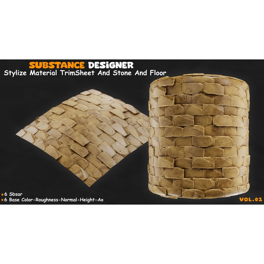 Stylized Stone Floor and Trim Sheet 3D Model – PBR Textures, PNG 4K - View 5