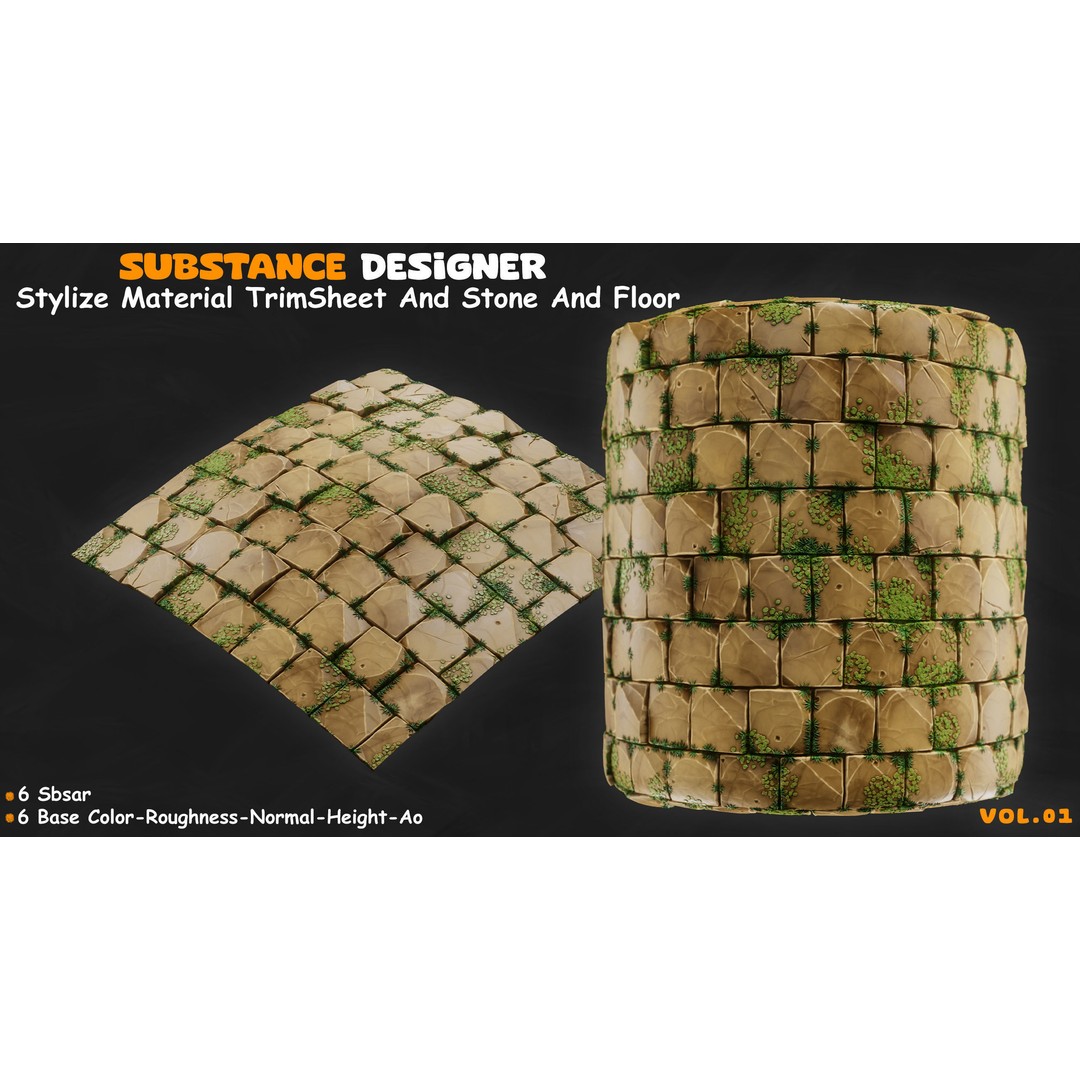 Stylized Stone Floor and Trim Sheet 3D Model – PBR Textures, PNG 4K - View 7