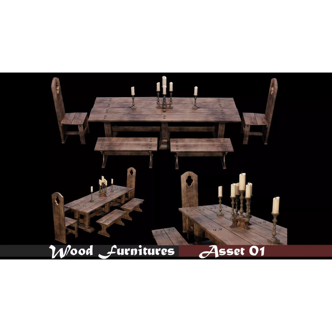 Wood Furniture 3D Model – PBR Low Poly Game Ready, FBX & OBJ - View 2