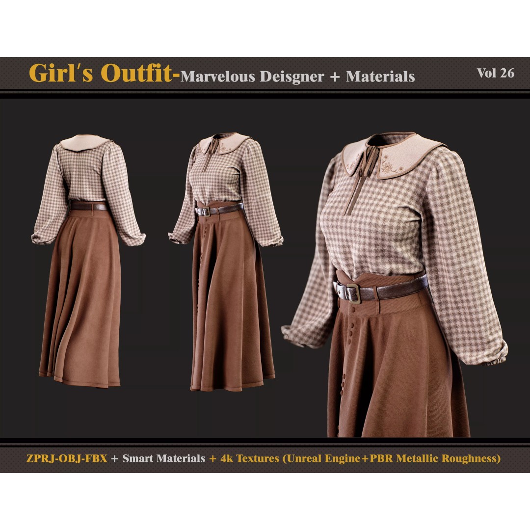 Girls Outfit 3D Model – Fashion Blouse and Skirt, FBX/OBJ - View 2