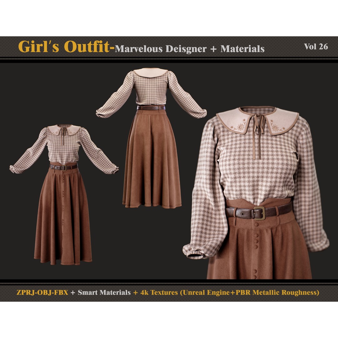 Girls Outfit 3D Model – Fashion Blouse and Skirt, FBX/OBJ - View 3