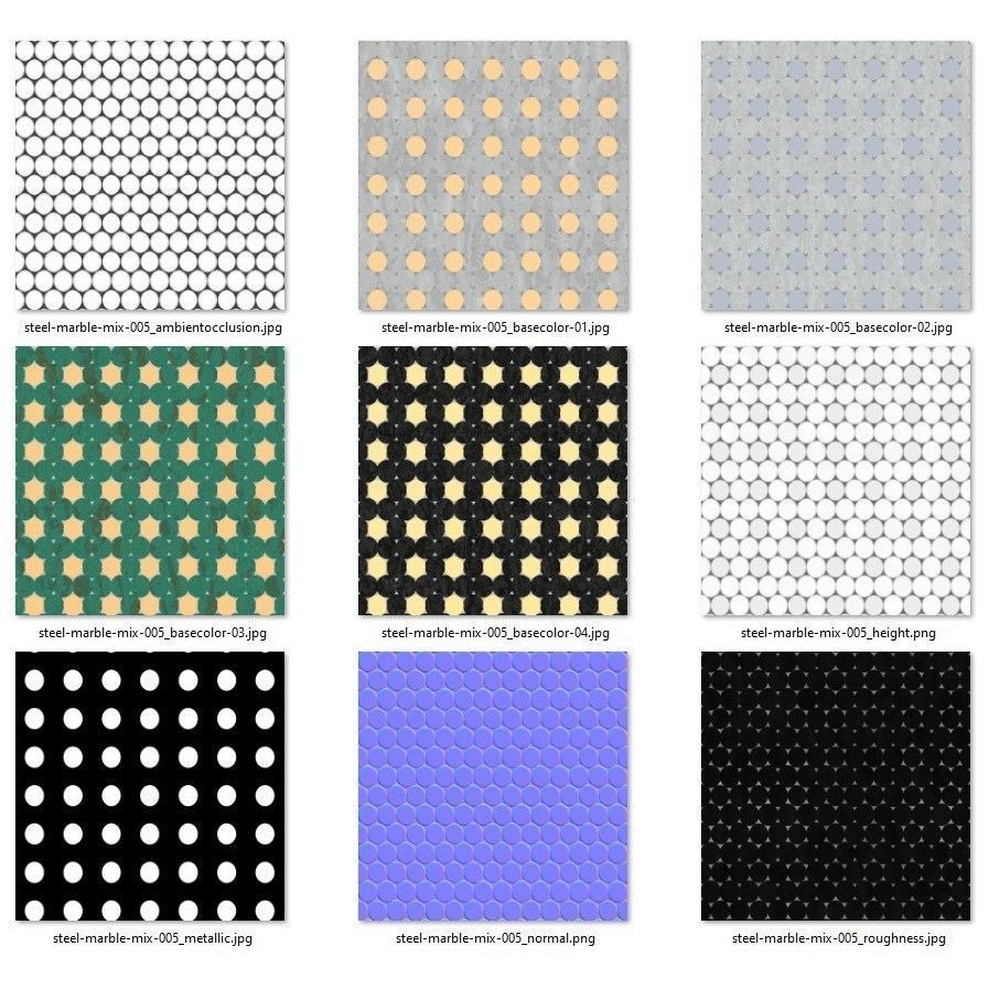 Steel and Marble Tile PBR Texture 3D Model – 4 Colors, High-Quality Textures