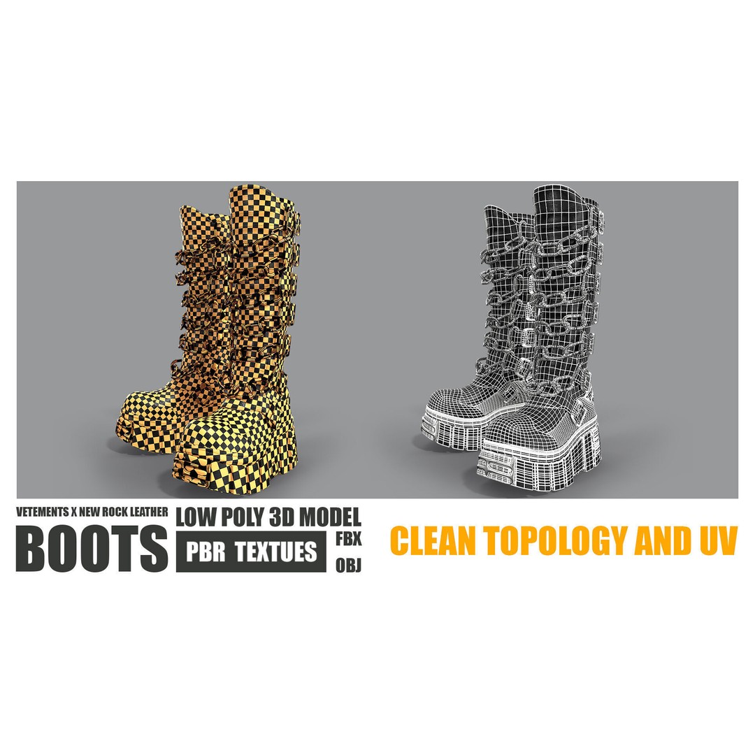 VETEMENTS X New Rock Leather Boots 3D Model – Low Poly PBR Textures, FBX, OBJ