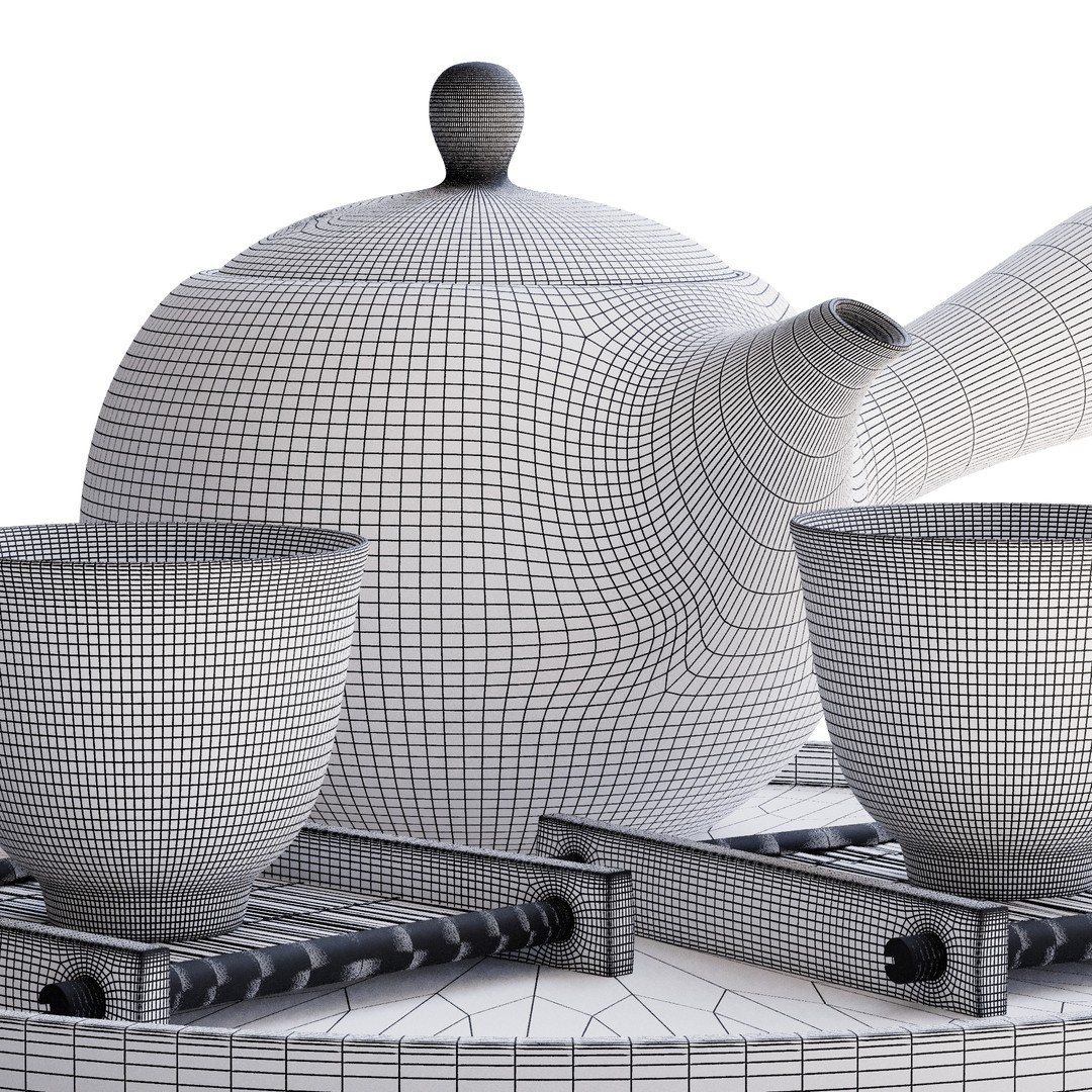 Elegant White Tea Set 3D Model – Minimalist Design with Bamboo Coasters - View 10
