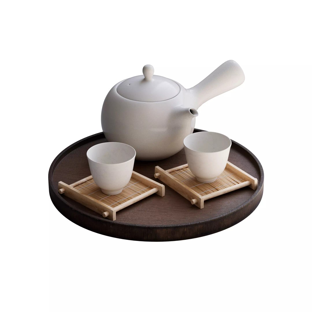 Elegant White Tea Set 3D Model – Minimalist Design with Bamboo Coasters - View 2